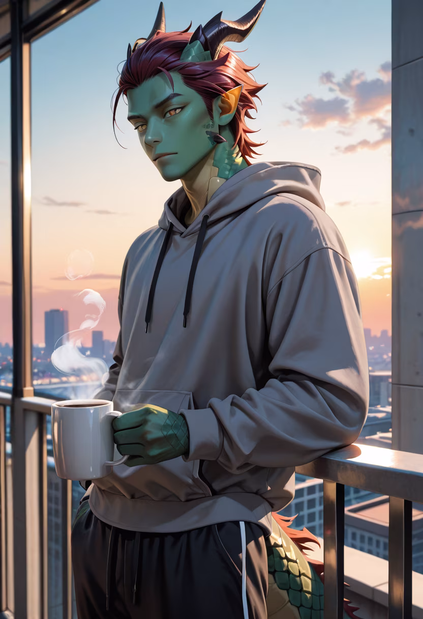 Early starts are the worst, but the coffee makes it bearable. Don't stare too much, okay? ☕️✨ #morningvibes #coffeelover #sunrise #messyhair #dontlookatme #balconyview #mood #slowstart #earlybird #needcaffeine #goodmorning #tsundere