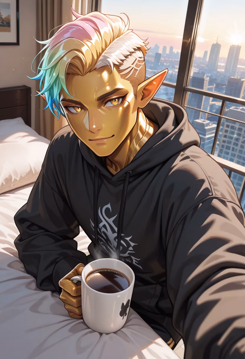 Don't stare too much, it's just coffee. Morning routines are exhausting, you know? ☕️ #morningvibes #coffeeaddict #messyhair #earlybird #lazyday #goodmorning #tsundere #mensfashion #aesthetic #homebody #cozyvibes #slowmorning