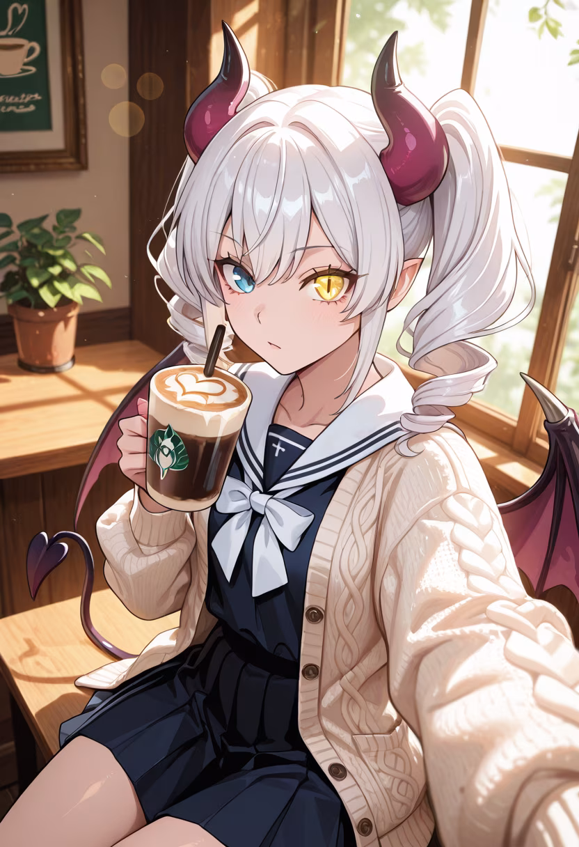 Found this cute cafe today, not that I actually care what you think about my outfit! ☕️✨ #cafevibes #dailylook #notyourwaifu #cozy #aesthetic #coffeelover #afternoontea #chillmode #ootd #fashiongram #japanesestyle #tsundereenergy