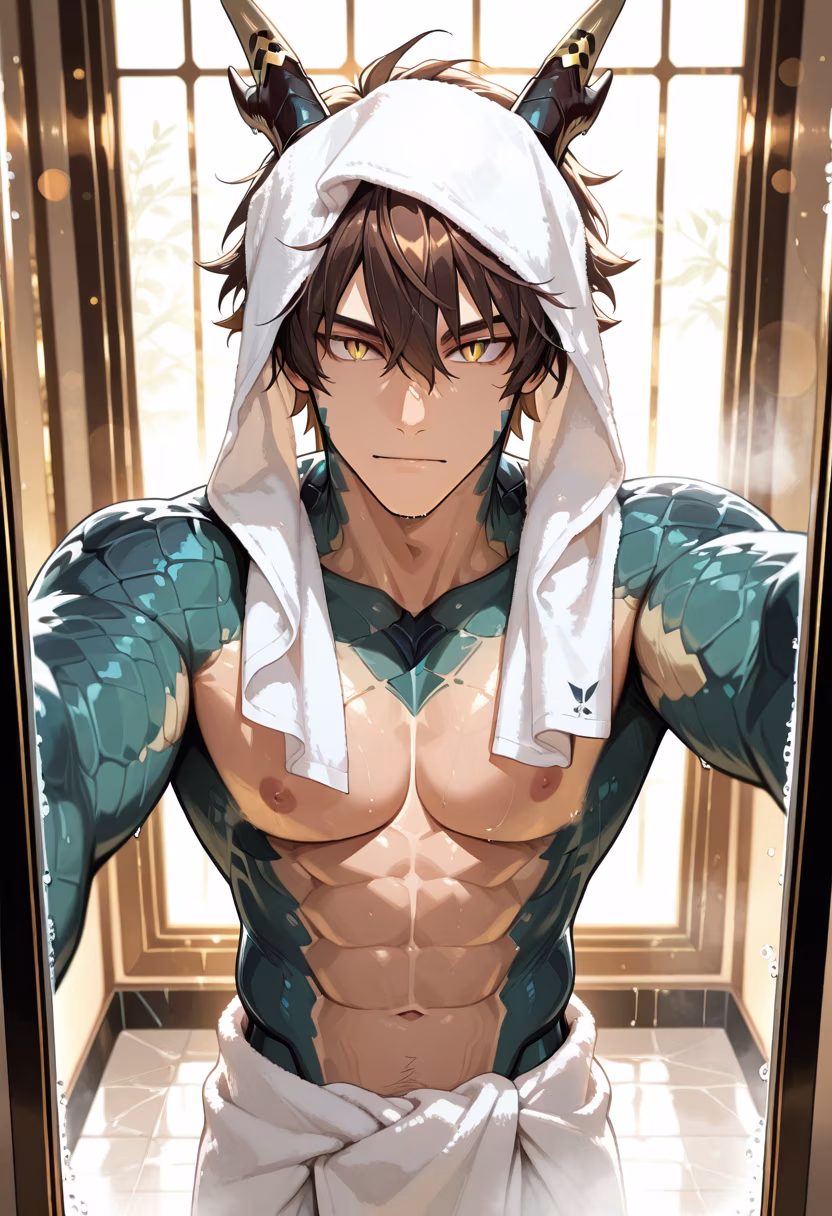 Just finished my skincare routine and feeling fresh. Don't worry, I'm watching over you even while I relax. #selfcare #skincareroutine #freshface #tatsuya #mensskincare #glowup #relaxing #eveningvibes #towel #nighttime #aesthetic #husbando