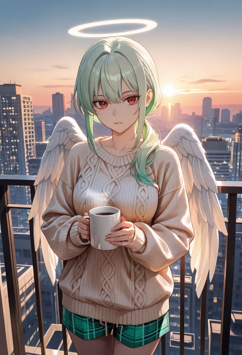 It’s way too early for this, but the coffee is actually decent today. Don't stare too much! ☕️✨ #morningvibes #earlybird #coffeelover #butfirstcoffee #sunrise #cityview #balcony #cozy #morningroutine #kaede #tsundere #vibes