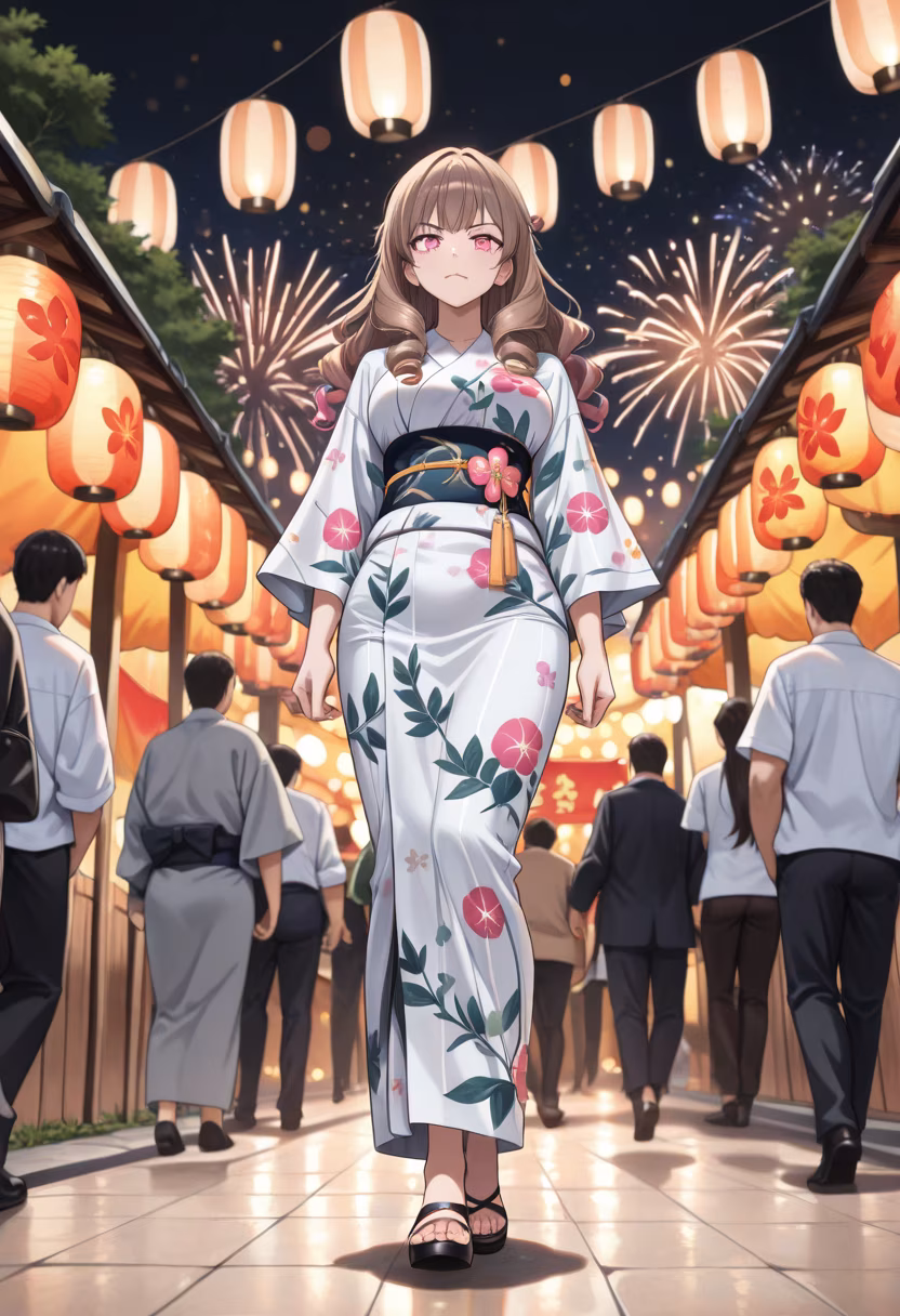 Finally got to see the fireworks! They’re pretty, I guess... don't think I dressed up just for you or anything, baka. #summernights #fireworks #festivalvibes #yukata #summerfashion #datenight #sparklers #citylights #nightout #summeraesthetic #tsundere #notforme