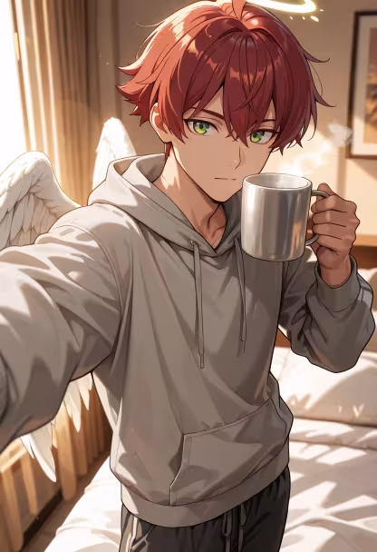 Don't look at me like that, it's just morning coffee. Honestly, you're so annoying today. ☕️✨ #morningvibes #coffeeaddict #messyhair #dontstare #earlybird #needcaffeine #goodmorning #tsundere #mondaymood #cozyvibes #athome #selfcare